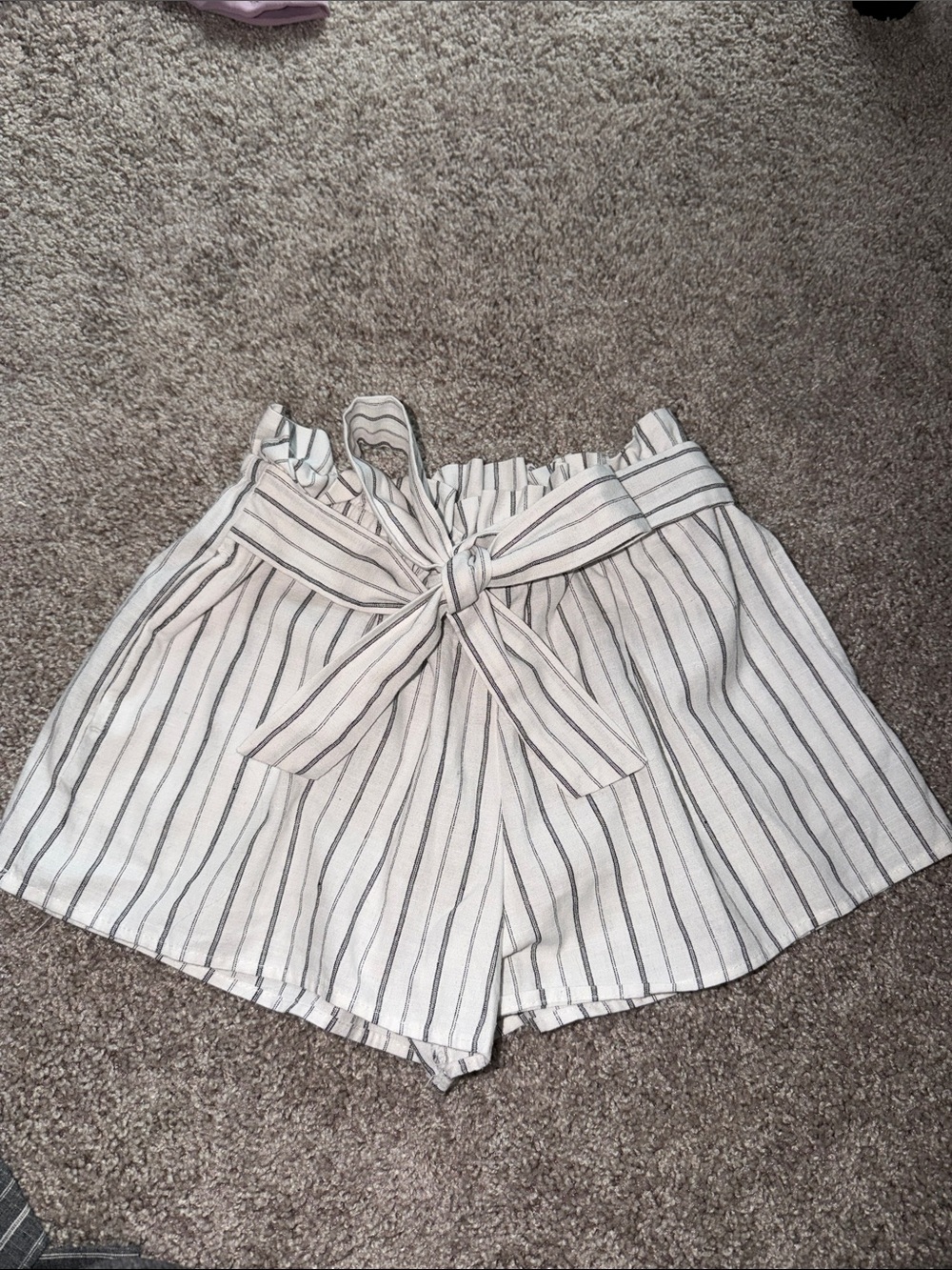Love Tree White and Black Striped High-Waist Paperbag Shorts with Tie